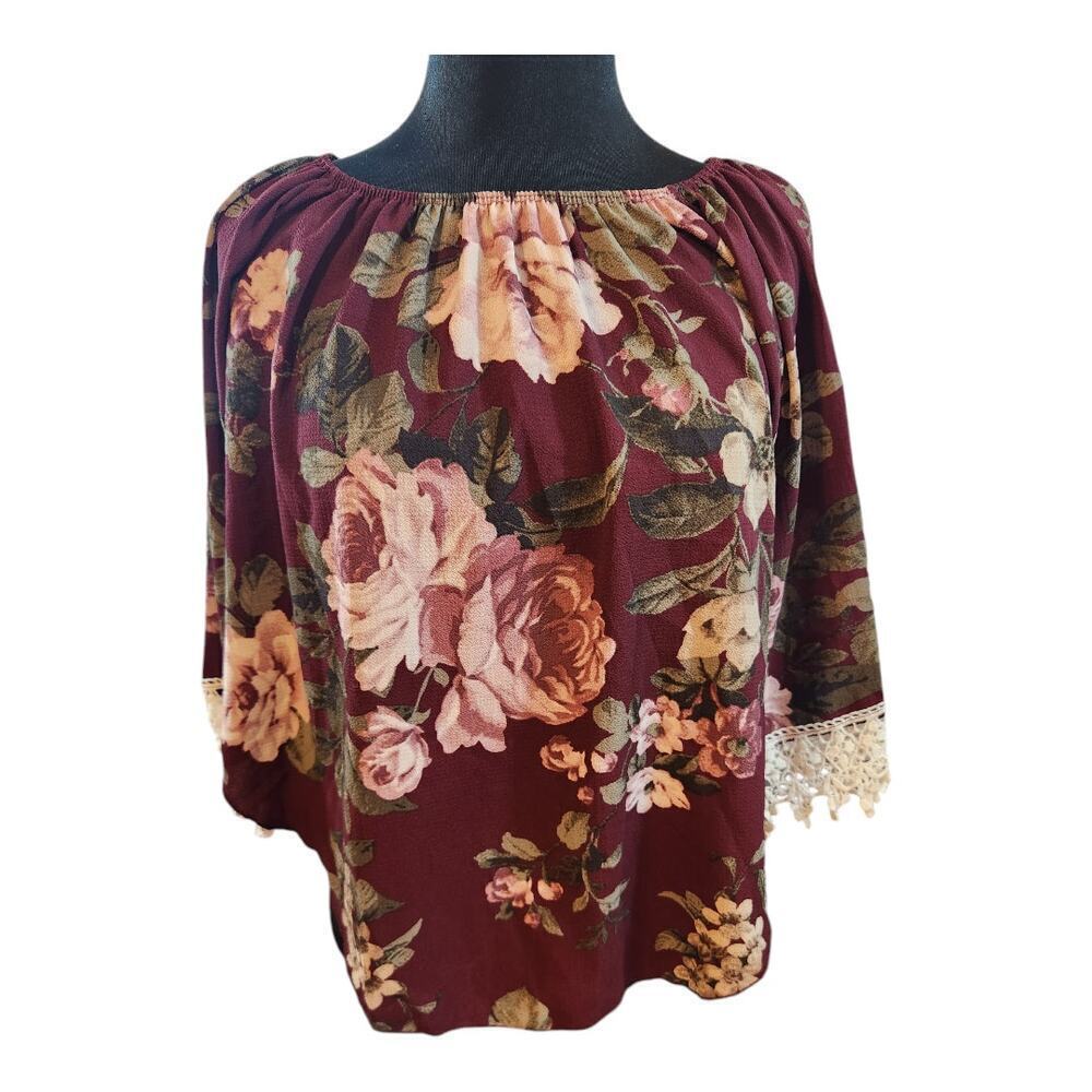 Say AnyThing womens sz small floral blouse crochet 3/4 sleeves boho‎